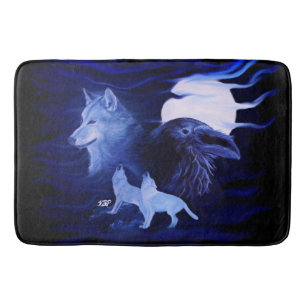 Wölfe und Raven mit Vollmond Badematte
