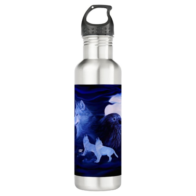 Wölfe und Raven mit Vollmond Edelstahlflasche (Vorderseite)