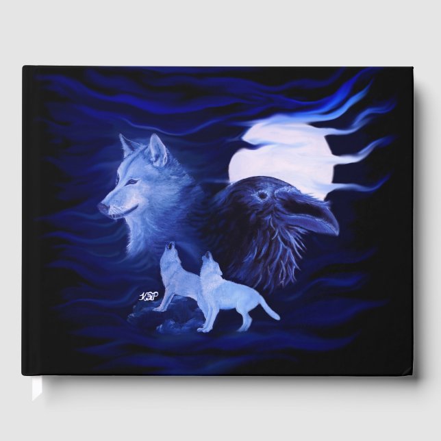 Wölfe und Raven mit Vollmond Gästebuch (Vorderseite)