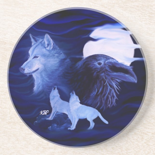 Wölfe und Raven mit Vollmond Getränkeuntersetzer (Vorne)