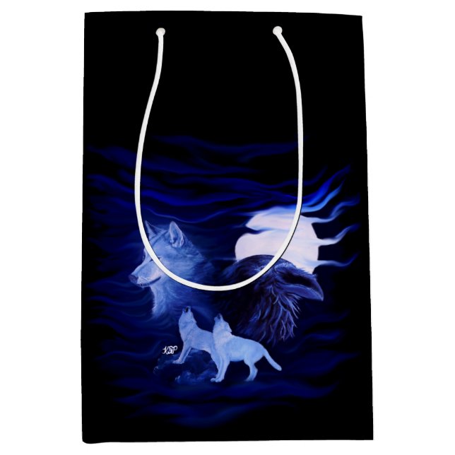 Wölfe und Raven mit Vollmond Mittlere Geschenktüte (Vorderseite)