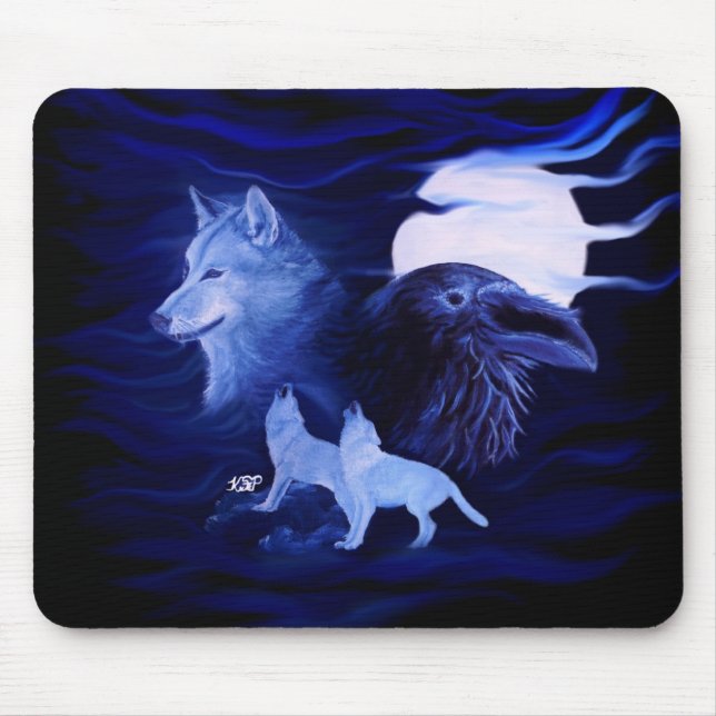 Wölfe und Raven mit Vollmond Mousepad (Vorne)