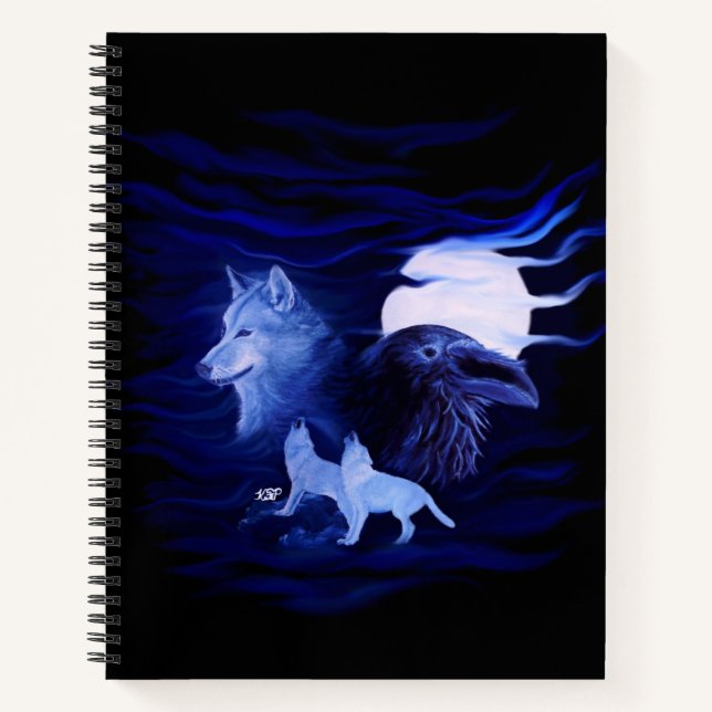 Wölfe und Raven mit Vollmond Notizbuch (Vorderseite)