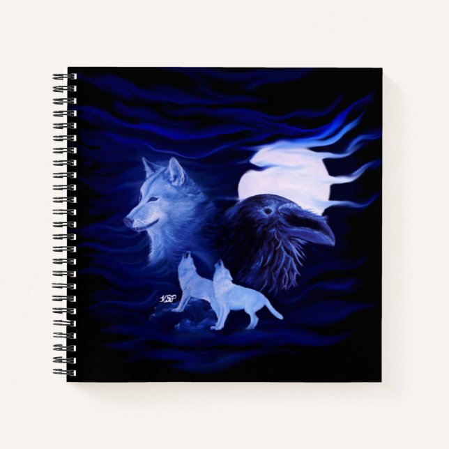 Wölfe und Raven mit Vollmond Notizbuch (Vorderseite)