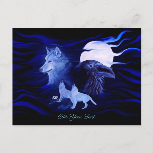 Wölfe und Raven mit Vollmond Postkarte (Vorderseite)