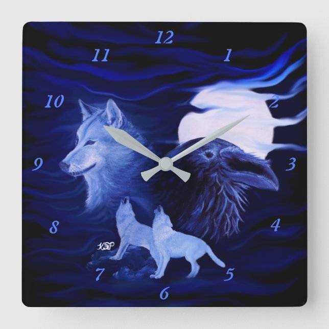 Wölfe und Raven mit Vollmond Quadratische Wanduhr (Vorderseite)