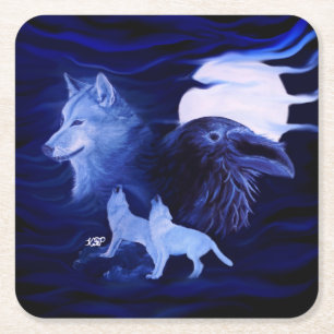 Wölfe und Raven mit Vollmond Rechteckiger Pappuntersetzer