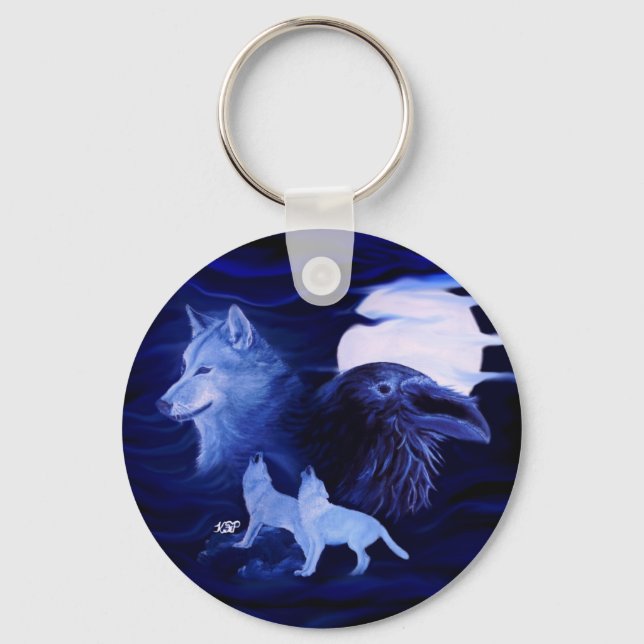 Wölfe und Raven mit Vollmond Schlüsselanhänger (Vorderseite)