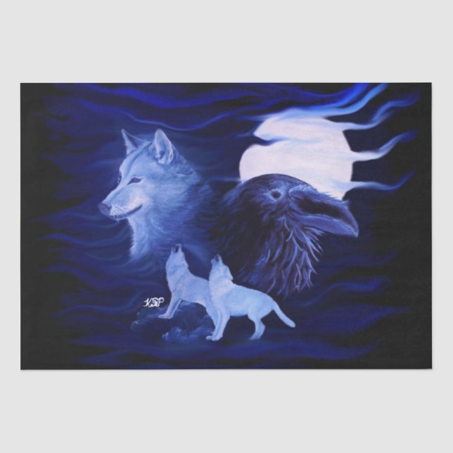Wölfe und Raven mit Vollmond Seidenpapier (Vorderseite)