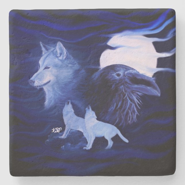 Wölfe und Raven mit Vollmond Steinuntersetzer (Vorderseite)