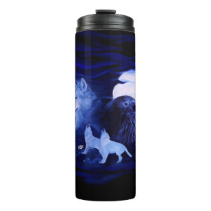 Wölfe und Raven mit Vollmond Thermosbecher