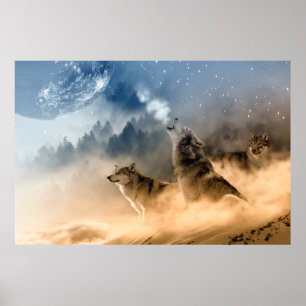 Wolfen heulen über die Mondfantasie Poster