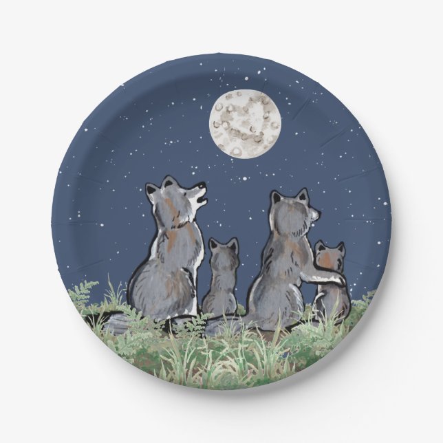 Wolfen Wolf Howling am Mond, Night Stars Animal Pappteller (Vorderseite)