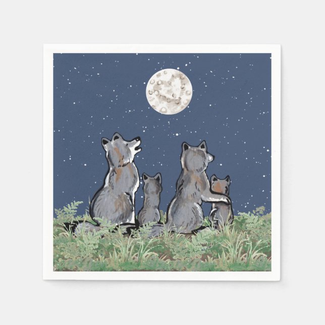 Wolfen Wolf Howling am Mond, Night Stars Animal Serviette (Vorderseite)