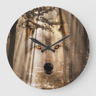 Wolfgesicht im Holz Große Wanduhr