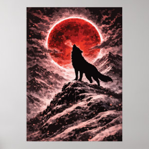 Wolfheulen im roten Mondlicht - Japanische Kunst Poster