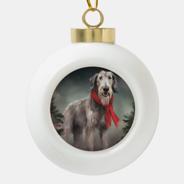 Wolfhound Dog in Schneehocht Keramik Kugel-Ornament (Vorderseite)