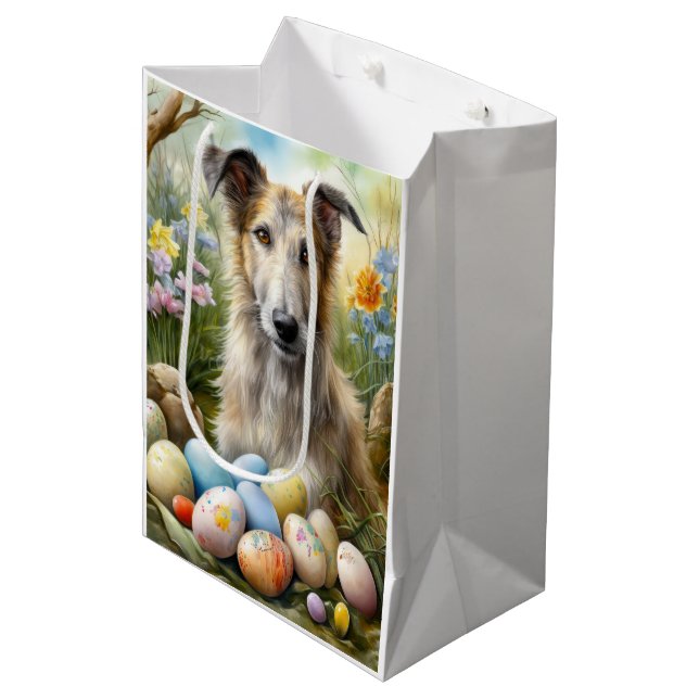Wolfhound Hund mit Ostereiern Urlaub Mittlere Geschenktüte (Vorderseite Schrägansicht)