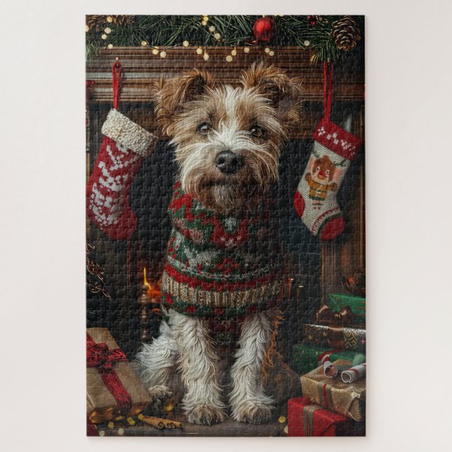 Wolfhound Hund mit Weihnachtsgeschenken Feuerplatz (Vertikal)
