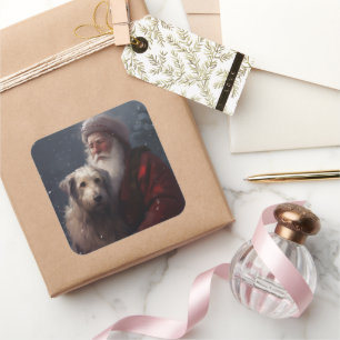 Wolfhound mit dem Weihnachtsmann Weihnachten Quadratischer Aufkleber