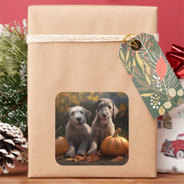 Wolfhound Welpe Herbst Delight Pumpkin Quadratischer Aufkleber (Feiertag)