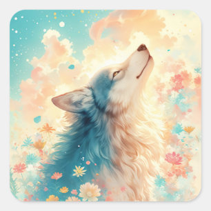 Wolfporträt in Pastell-Wildblumenwiese Quadratischer Aufkleber