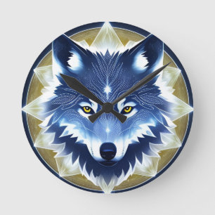 Wolfporträt mit intensiven goldenen Augen Runde Wanduhr