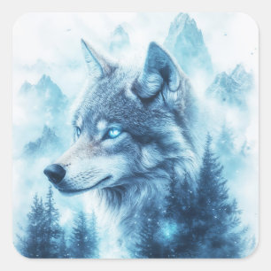 Wolfporträt mit leuchtend blauen Augen Quadratischer Aufkleber