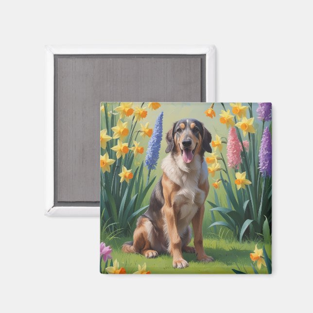 Wolfshund-Hund-Frühlingsblumen-Gemälde Magnet (Vorderseite/Rückseite)