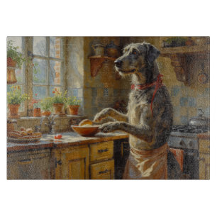 Wolfshund kocht in der Küche Schneidebrett