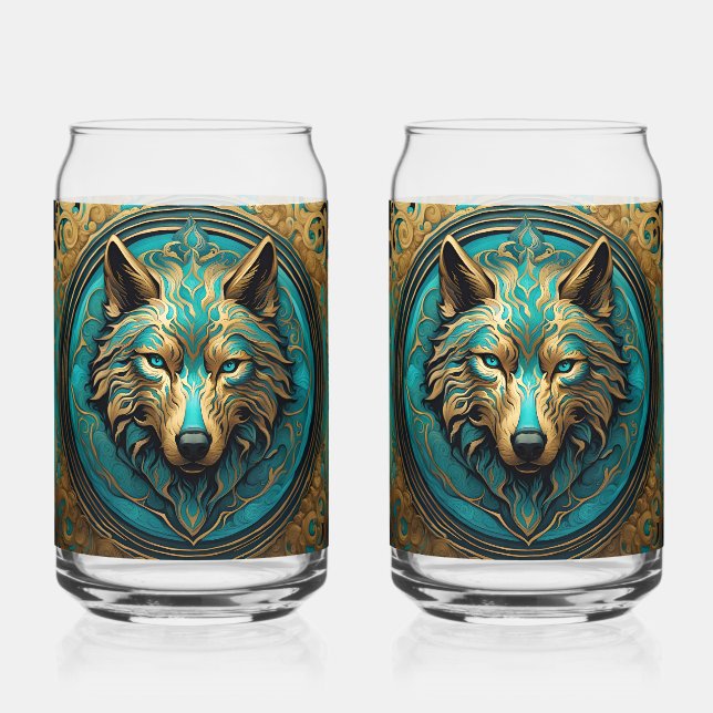 Wolfskopf Gold und Türkis Dosenglas (Vorderseite)