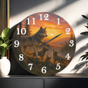 Wolfsrudel bei goldenem Sonnenuntergang Große Wanduhr
