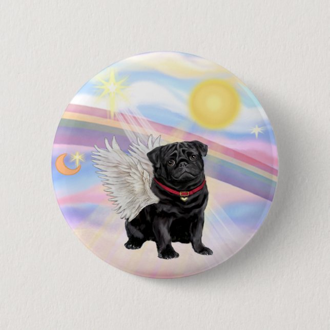 Wolken - Angel aus schwarzem Mops Button (Vorderseite)