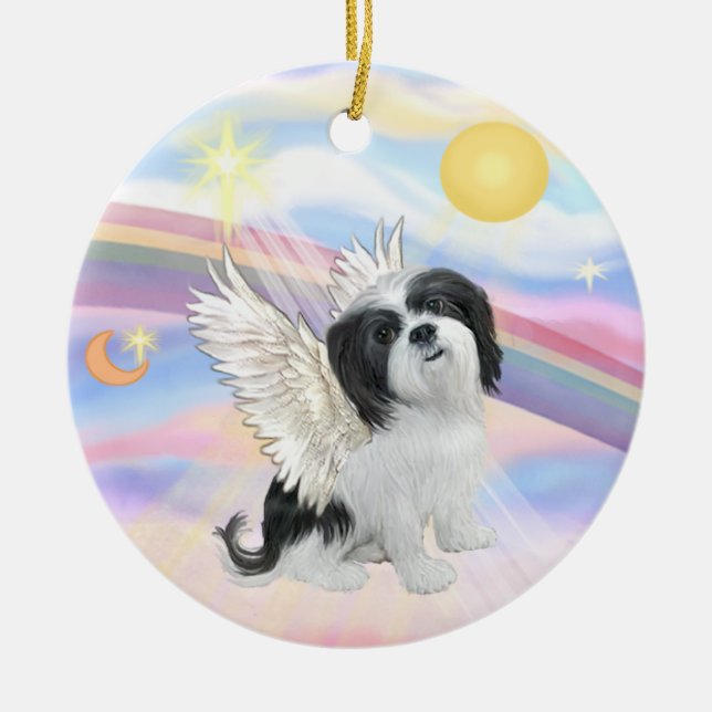 Wolken - Lhasa Apso (schwarz-weiß) Keramik Ornament (Vorne)