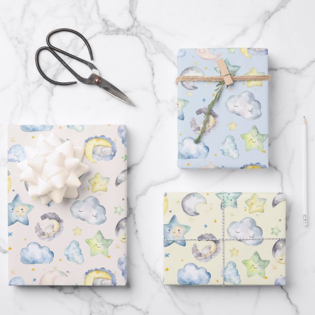 Wolken, Monde und Sterne für Baby Geschenkpapier Set (Vorderseite)