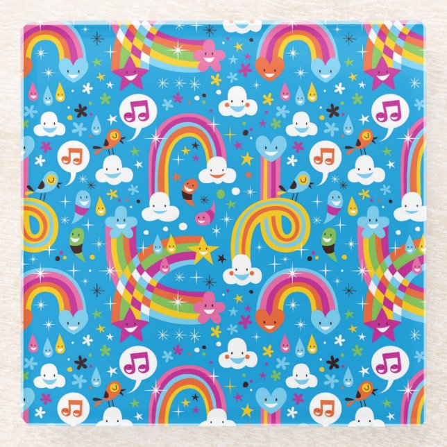 Wolken Regenbogen Regen fallen Herzen Muster Glasuntersetzer (Vorderseite)