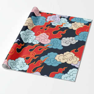 Wolken und Flammengabeln auf schwarzem Hintergrund Geschenkpapier