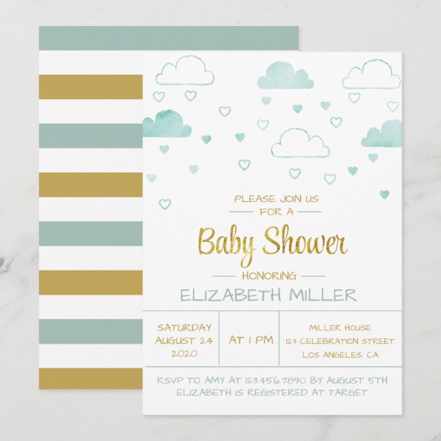 Wolken und Herz Blue und Gold Baby Dusche Einladung (Vorne/Hinten)