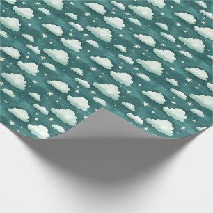 Wolken und Sterne auf dunklem Aquamarin Geschenkpapier
