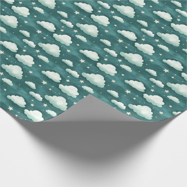 Wolken und Sterne auf dunklem Aquamarin Geschenkpapier (Ecke)