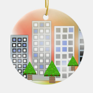 Wolkenkratzer mit Weihnachtsbäumen Keramik Ornament