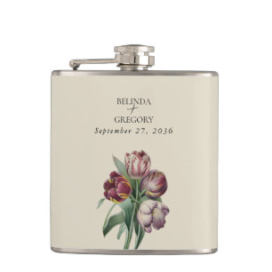 Wolkige Aquarell-Lila-Tulpen-Hochzeitsgeschenk Flachmann