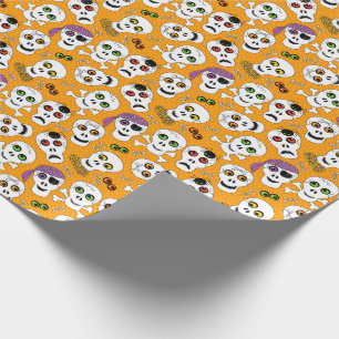 Wolle Halloween Skulls auf Orange Pattern Geschenkpapier