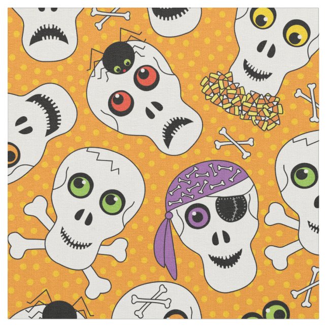 Wolle Halloween Skulls auf Orange Pattern Stoff (Nahaufnahme)