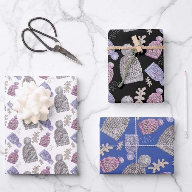 Wolle Strick Hats Wasserfarbe Handgemalt Geschenkpapier Set (Vorderseite)