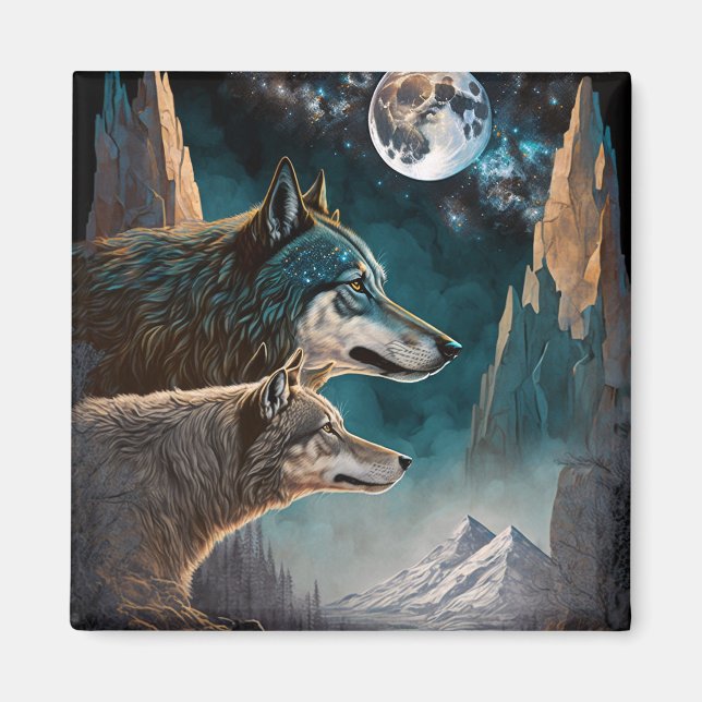 Wolves Full Moon Fantasy Landscape Magnet (Vorne)