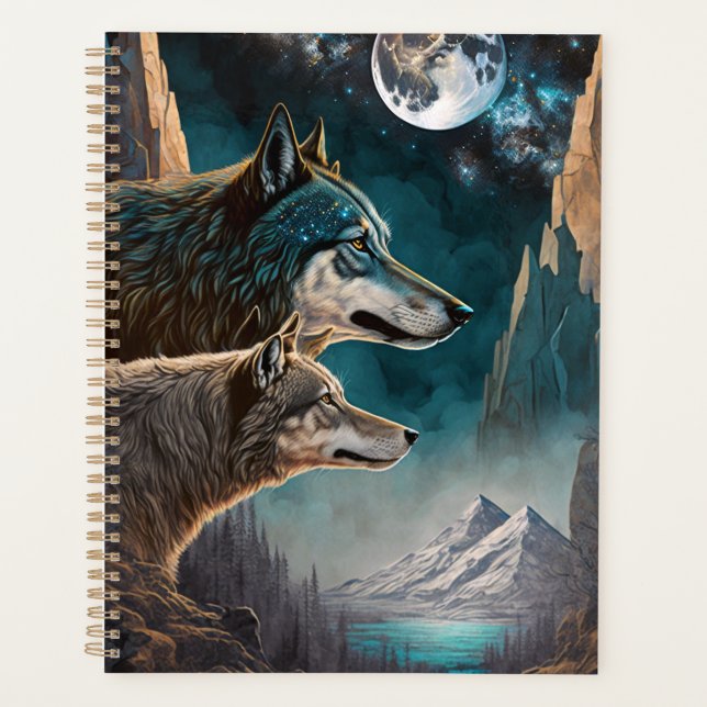 Wolves Full Moon Fantasy Landscape Planer (Vorderseite)
