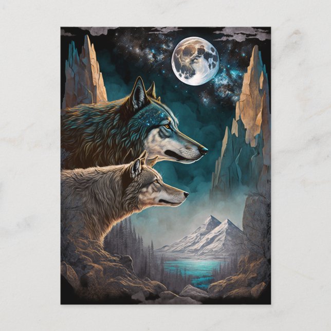 Wolves Full Moon Fantasy Landscape Postkarte (Vorderseite)