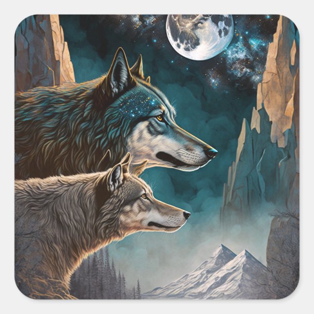 Wolves Full Moon Fantasy Landscape Quadratischer Aufkleber (Vorderseite)