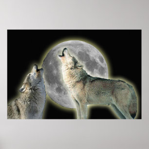 Wolves Howling auf Moon Canvas Print Poster